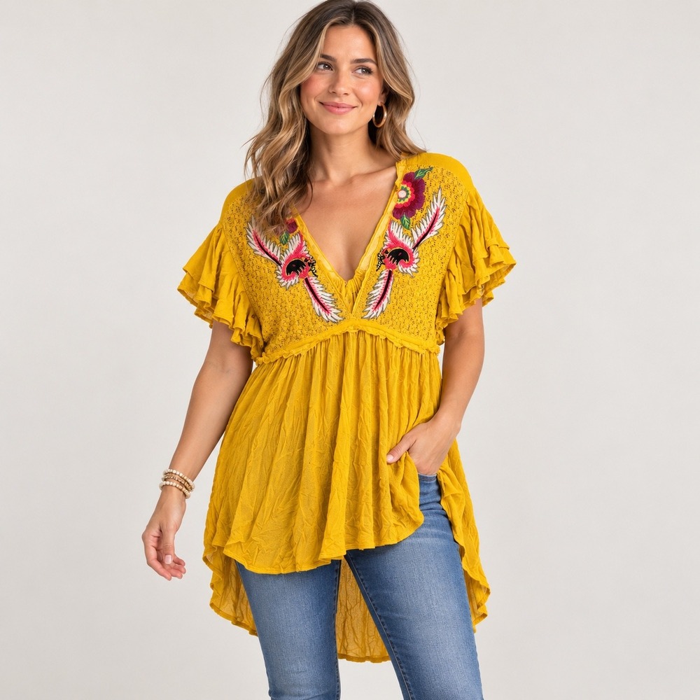 Free People Tunic Top Women Size M Yellow Embroidered Boho Ruffle Tassel V-Neck
